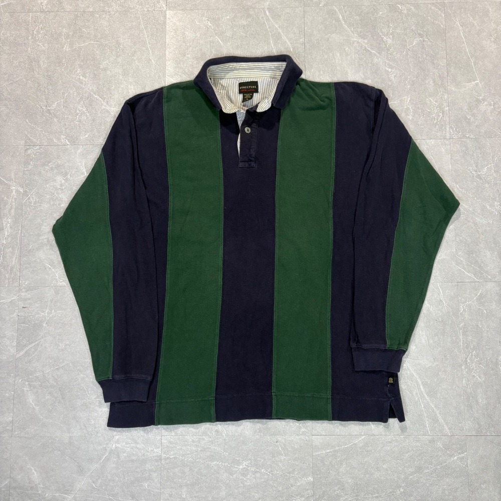 Vintage Structure Mens Navy Green Vertical Stripe Long Sleeve Rugby Shirt Large